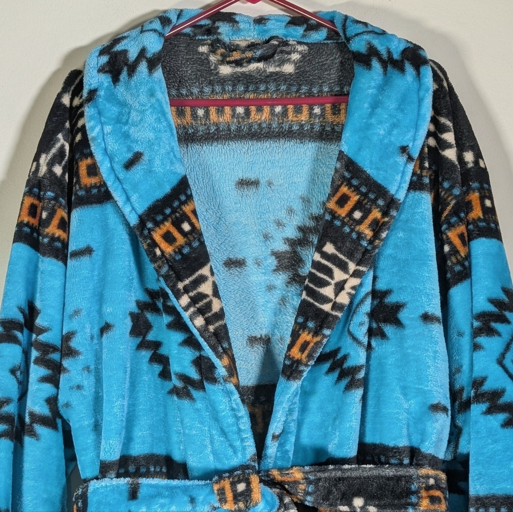 Southwestern Aztec Chimayo Blue Fleece Robe L/XL - Picture 4 of 5